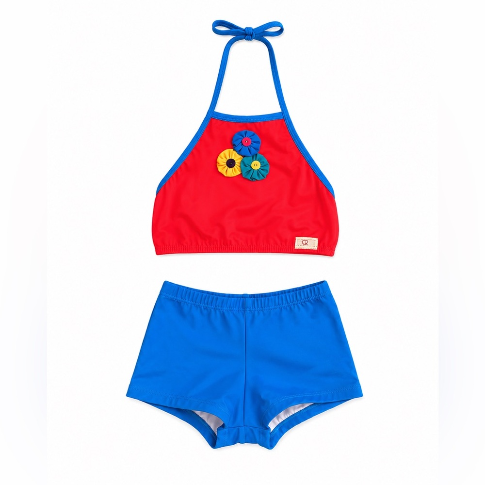 Kids Red & Blue Floral Trim Bikini Set